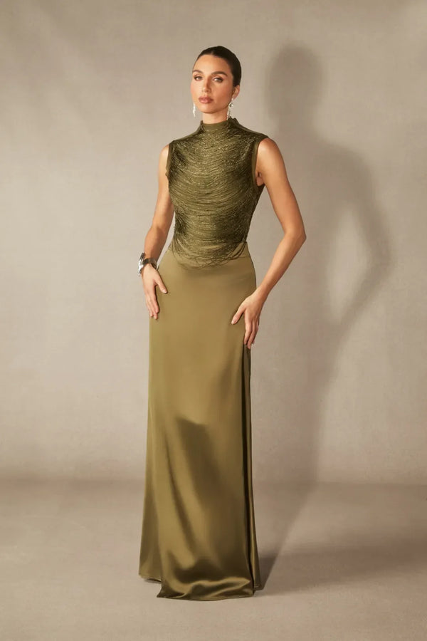 Soleil | Women's High Neck Satin Sleeveless Evening Dress