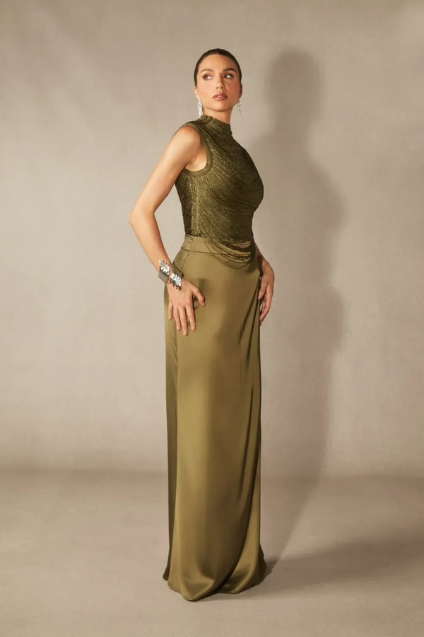 Soleil | Women's High Neck Satin Sleeveless Evening Dress