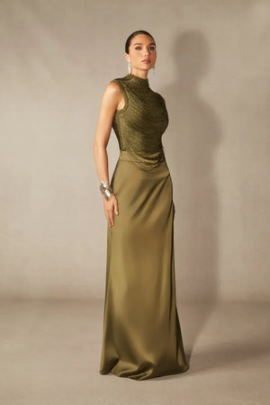 Soleil | Women's High Neck Satin Sleeveless Evening Dress