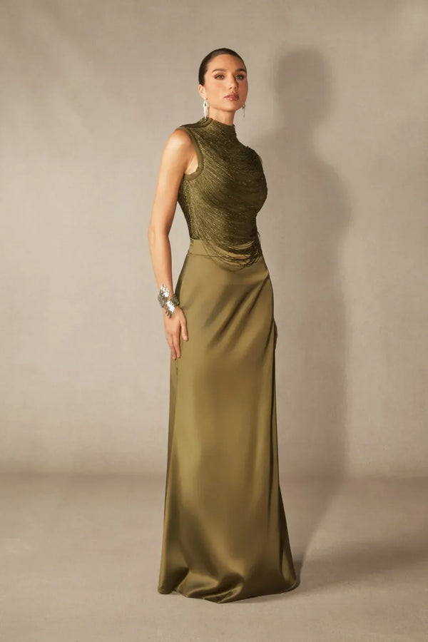 Soleil | Women's High Neck Satin Sleeveless Evening Dress