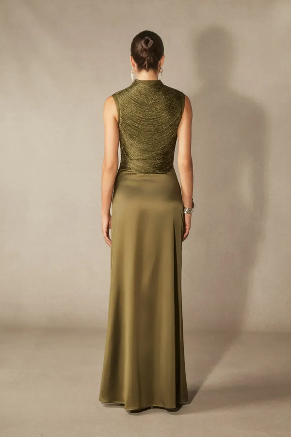 Soleil | Women's High Neck Satin Sleeveless Evening Dress