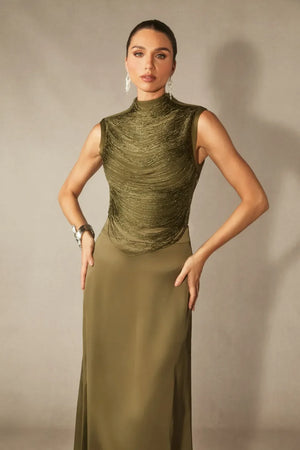 Soleil | Women's High Neck Satin Sleeveless Evening Dress