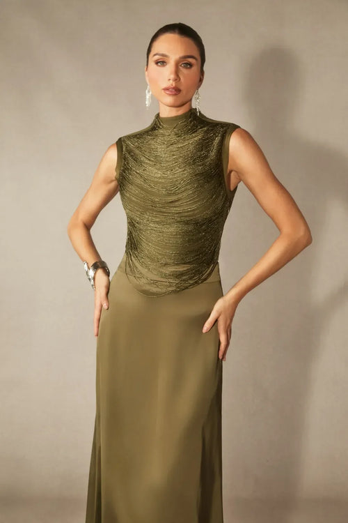 Soleil | Women's High Neck Satin Sleeveless Evening Dress
