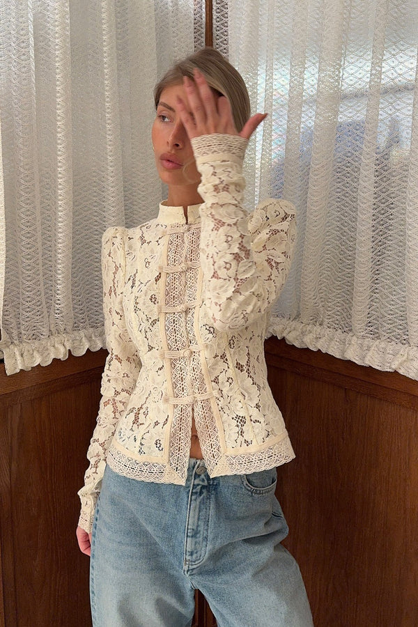 Susan | Women's Floral Lace Mandarin Collar Button Front Cardigan
