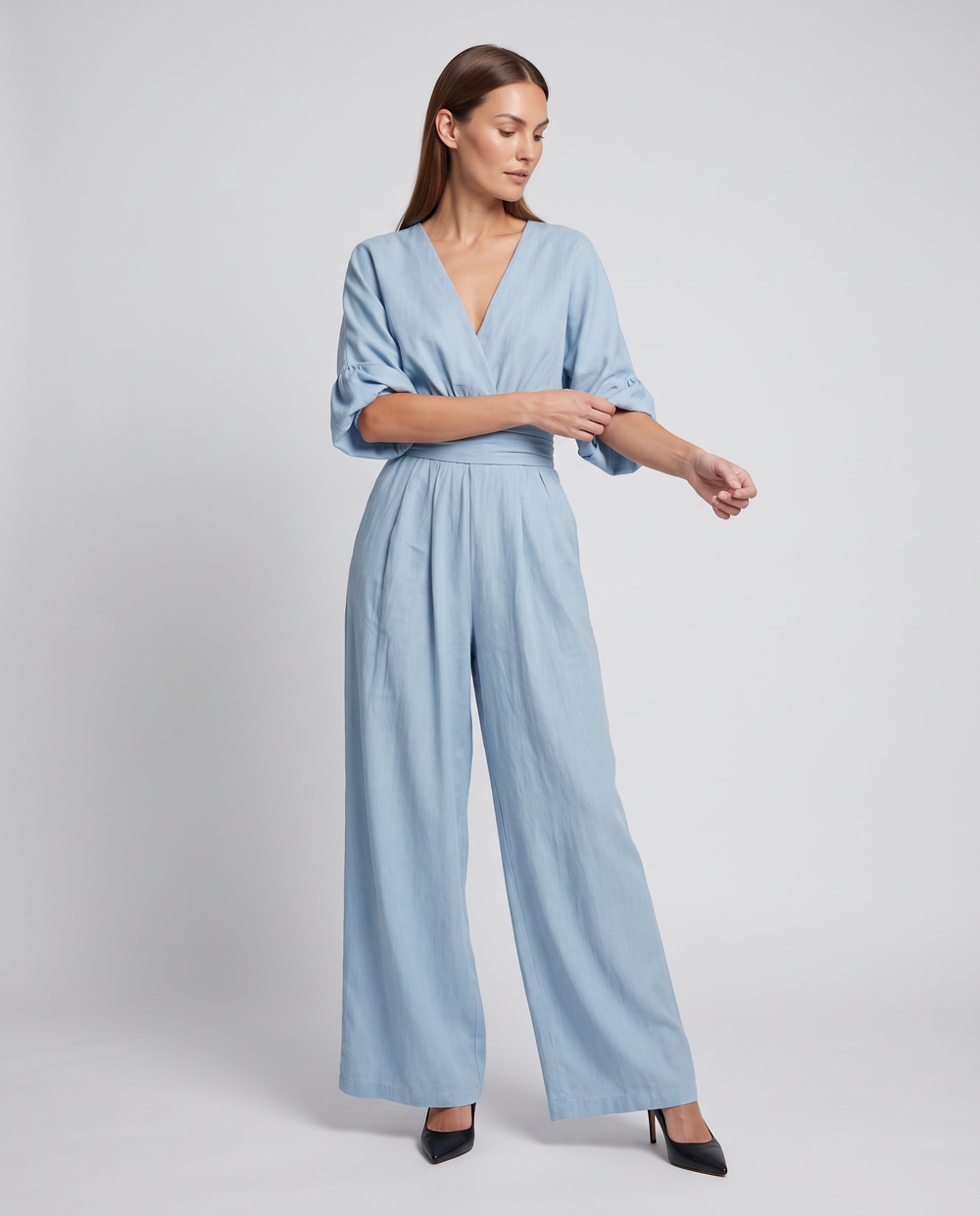 Amelie | Women's V-Neck Wrap Waist Wide Leg Jumpsuit