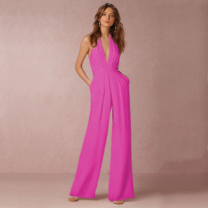 Dominique | Women's Deep V-Neck Sleeveless Wide Leg Evening Jumpsuit