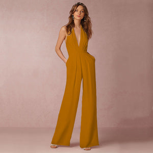 Dominique | Women's Deep V-Neck Sleeveless Wide Leg Evening Jumpsuit