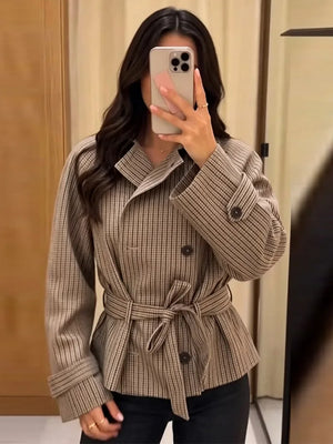 Brigitte Plaid Double-Breasted Short Trench
