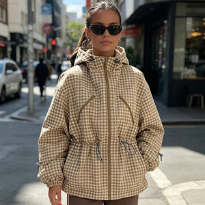 Celine Plaid Hooded Drawstring Cinched Waist Jacket