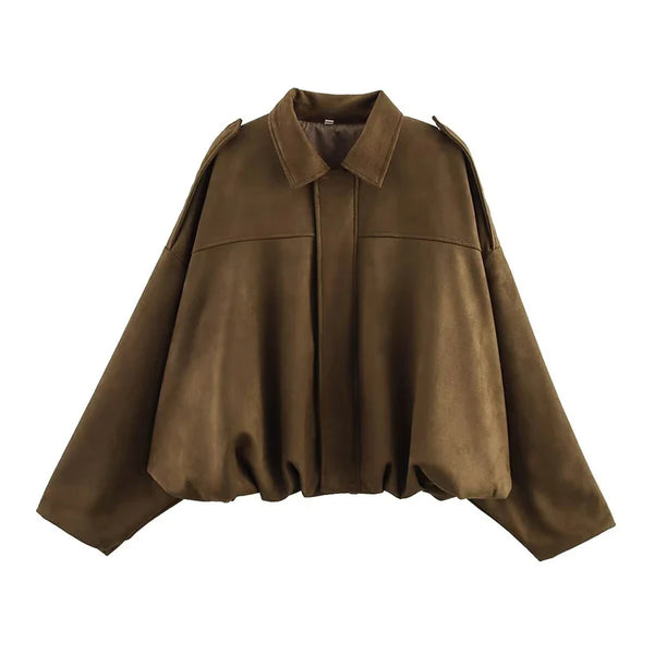 Colette Oversized Collar Suede Bomber Jacket