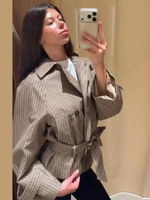 Brigitte Plaid Double-Breasted Short Trench