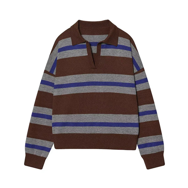 Margot Striped Polo Neck Knit Pullover