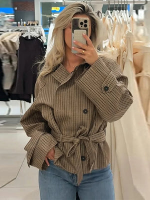Brigitte Plaid Double-Breasted Short Trench