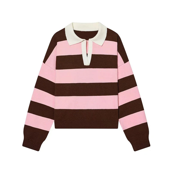 Margot Striped Polo Neck Knit Pullover