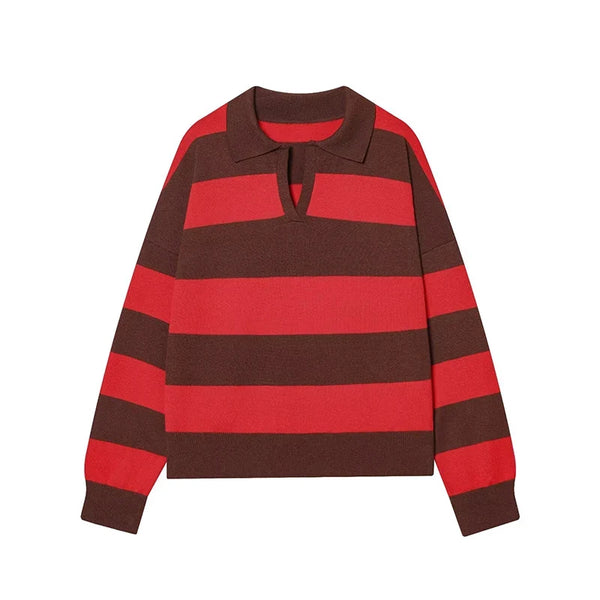 Margot Striped Polo Neck Knit Pullover