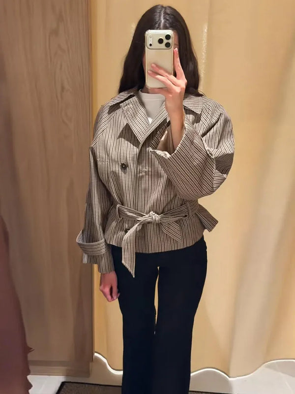 Brigitte Plaid Double-Breasted Short Trench