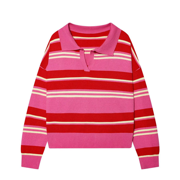 Margot Striped Polo Neck Knit Pullover