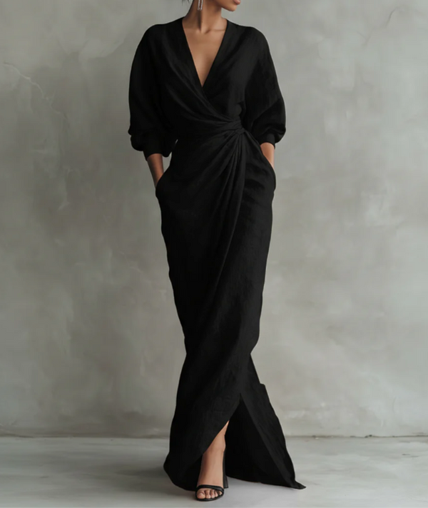 Colette Draped Batwing Linen Maxi Dress