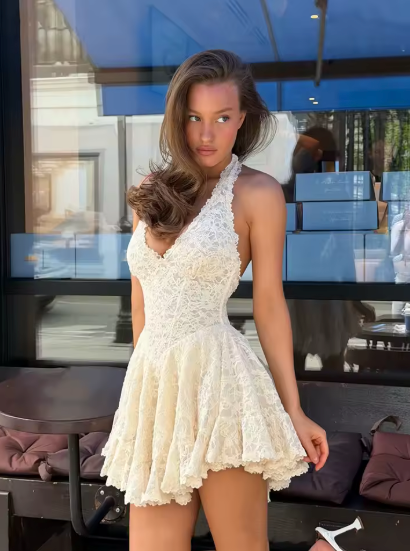 Constance Lace Halter Backless Puff Hem Mini Dress