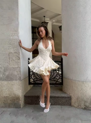 Constance Lace Halter Backless Puff Hem Mini Dress