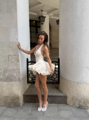 Constance Lace Halter Backless Puff Hem Mini Dress