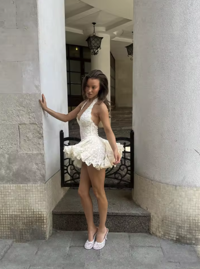 Constance Lace Halter Backless Puff Hem Mini Dress