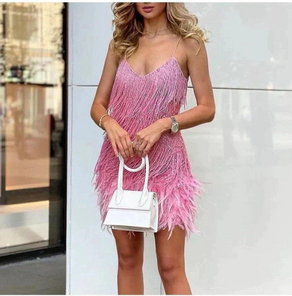 Colette Sequin Feather-Trim Mini Dress