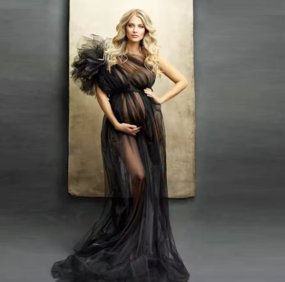 Fleur One-Shoulder Ruffle Tulle Maternity Gown