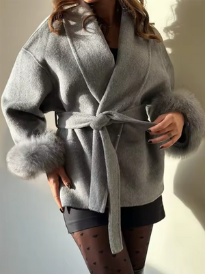 Vivienne Fox Fur Trim Elegant Wool Short Coat