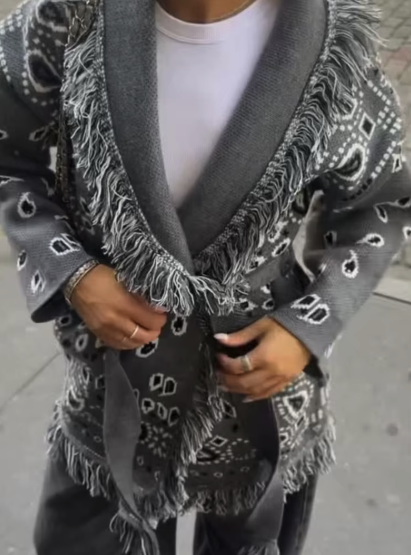 Camille Tassel Jacquard V-Neck Knit Cardigan