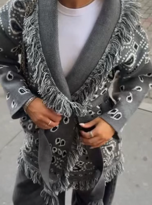 Camille Tassel Jacquard V-Neck Knit Cardigan