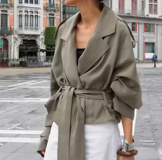 Odette Belted Drop Shoulder Cropped Trench Coat