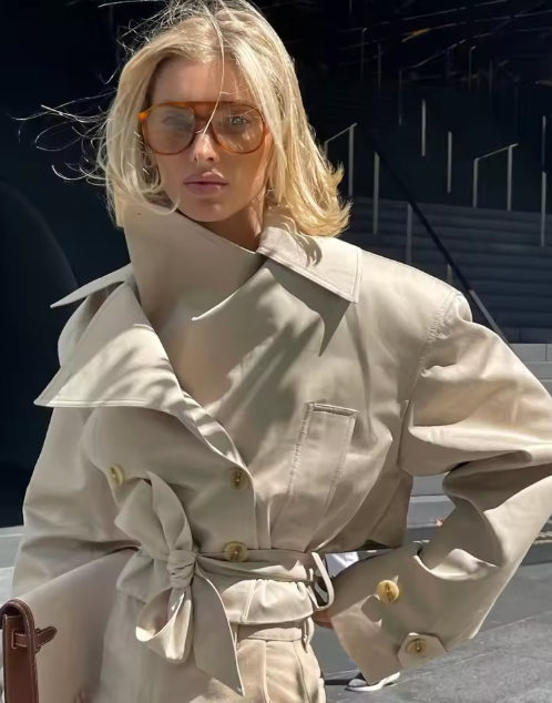 Fleur Belted Double-Breasted Short Trench Jacket