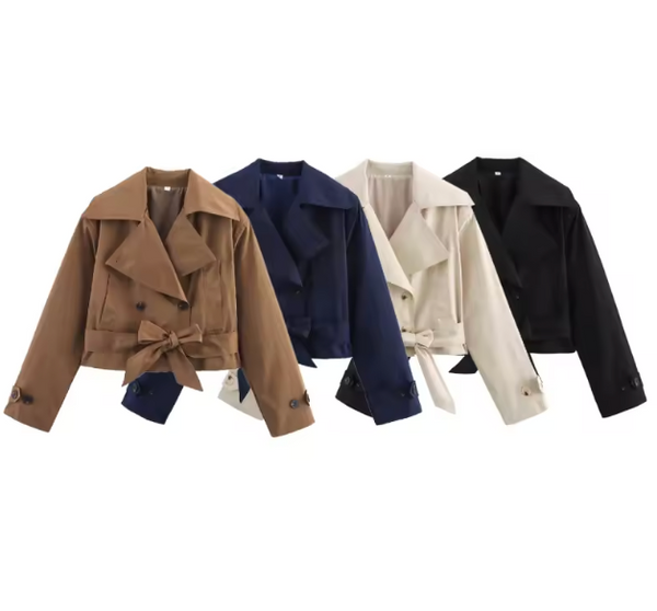 Fleur Belted Double-Breasted Short Trench Jacket
