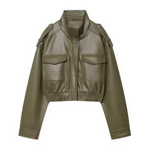 Céleste Cropped Faux Leather Bomber Jacket