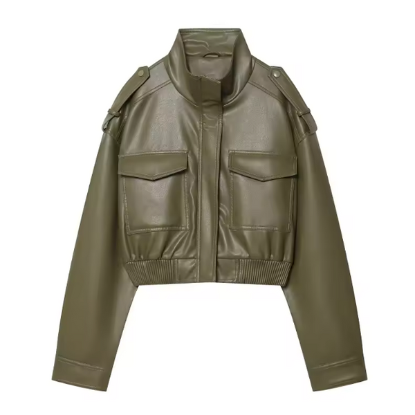 Céleste Cropped Faux Leather Bomber Jacket