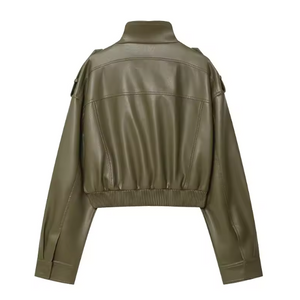 Céleste Cropped Faux Leather Bomber Jacket