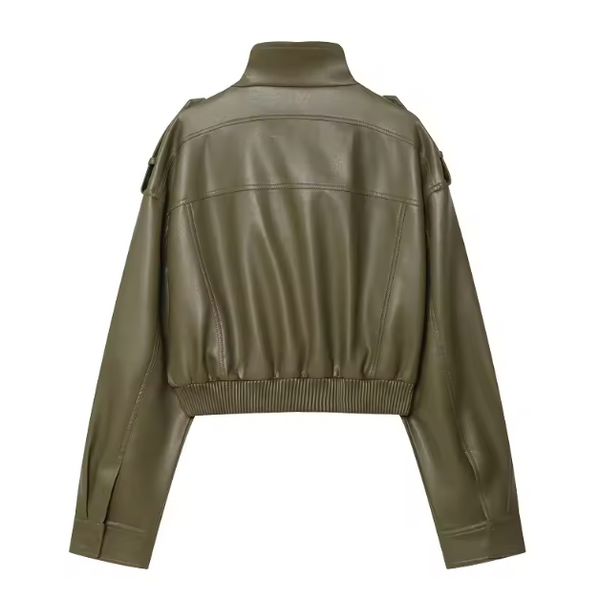 Céleste Cropped Faux Leather Bomber Jacket