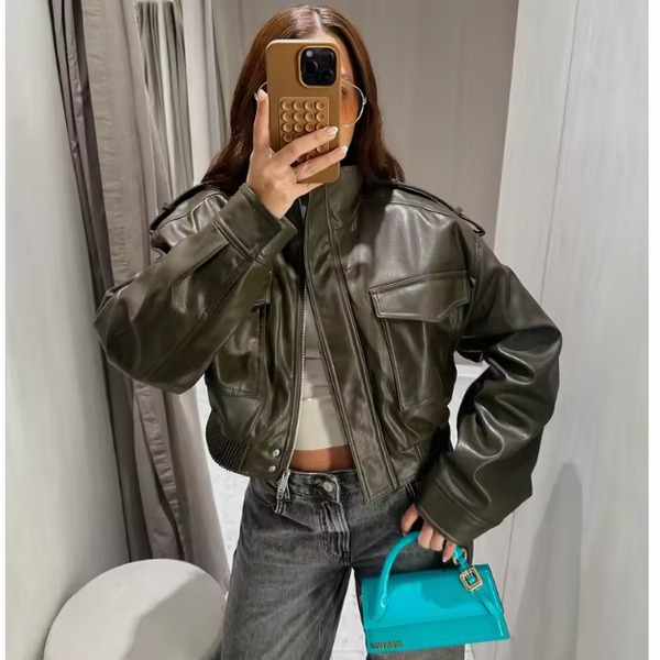 Céleste Cropped Faux Leather Bomber Jacket