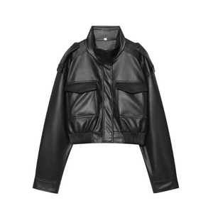 Céleste Cropped Faux Leather Bomber Jacket