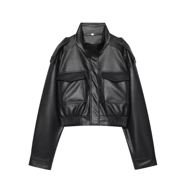 Céleste Cropped Faux Leather Bomber Jacket