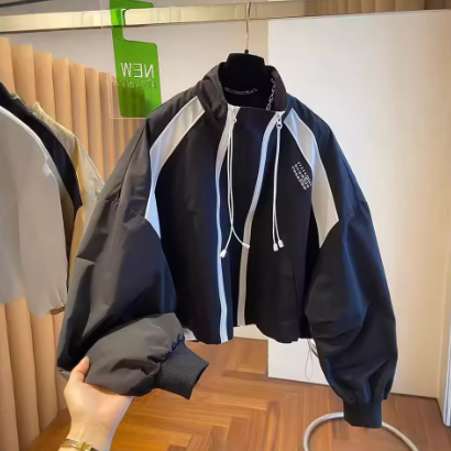 Flavie Zip-Up Hooded Stand Collar Windbreaker Jacket