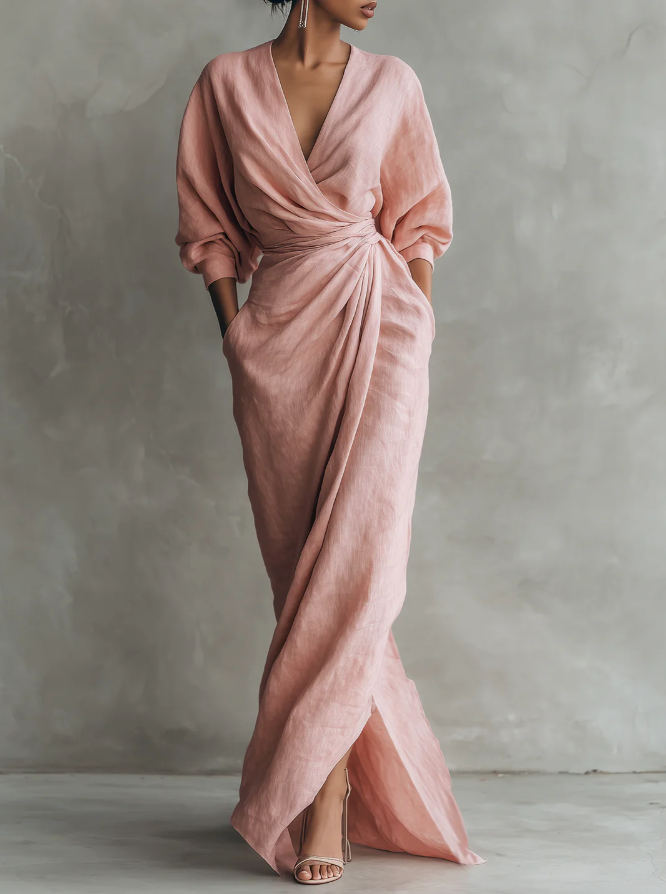 Colette Draped Batwing Linen Maxi Dress