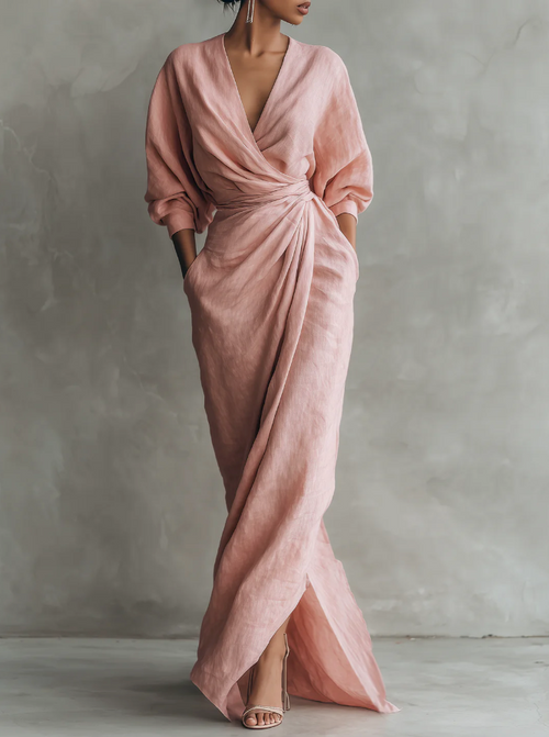 Colette Draped Batwing Linen Maxi Dress