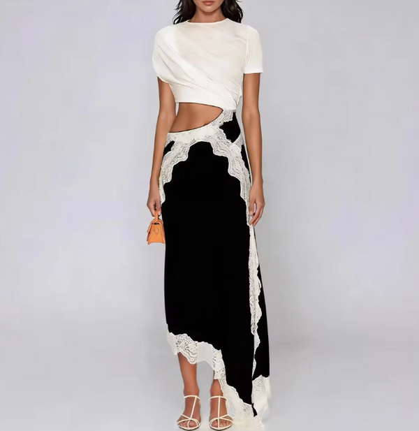 Colette Asymmetric Lace-Panel Midi Dress