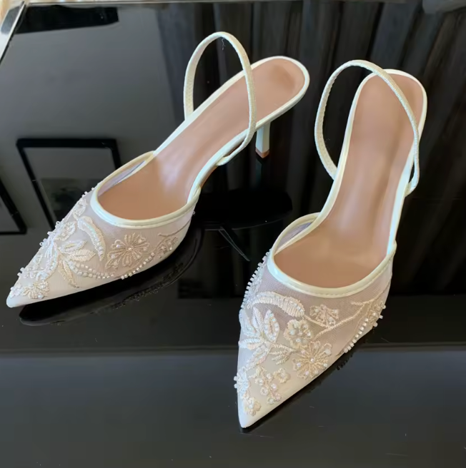 Gisèle Floral Embroidered Pearl Mesh Mule Heel