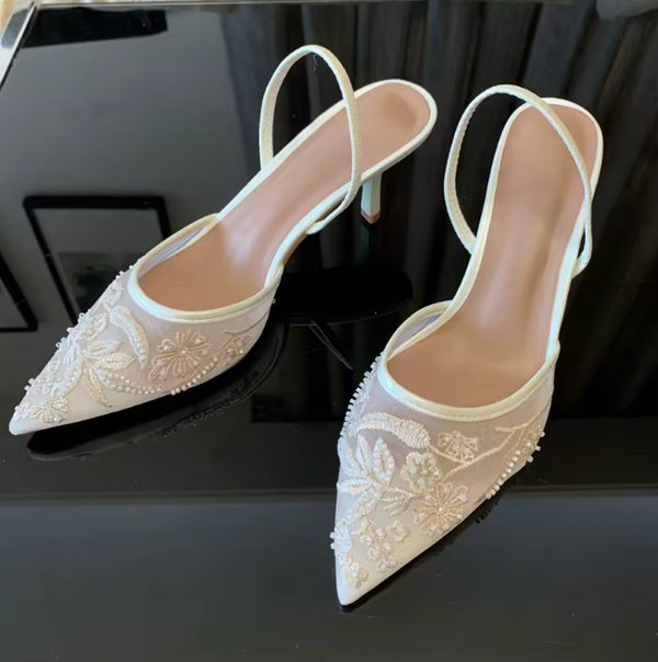 Gisèle Floral Embroidered Pearl Mesh Mule Heel