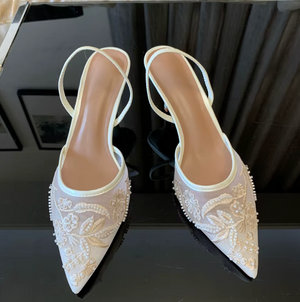 Gisèle Floral Embroidered Pearl Mesh Mule Heel