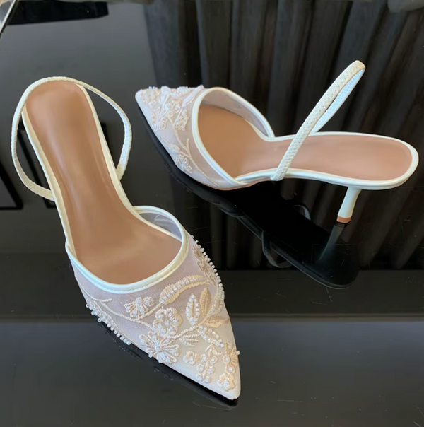 Gisèle Floral Embroidered Pearl Mesh Mule Heel