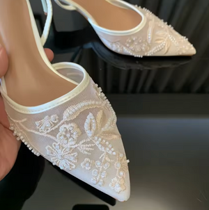Gisèle Floral Embroidered Pearl Mesh Mule Heel